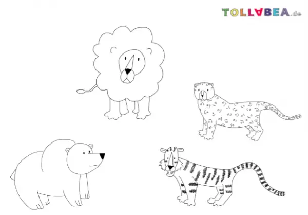 tiere zeichnen  mit ausmalvorlagen löwe tiger hippo