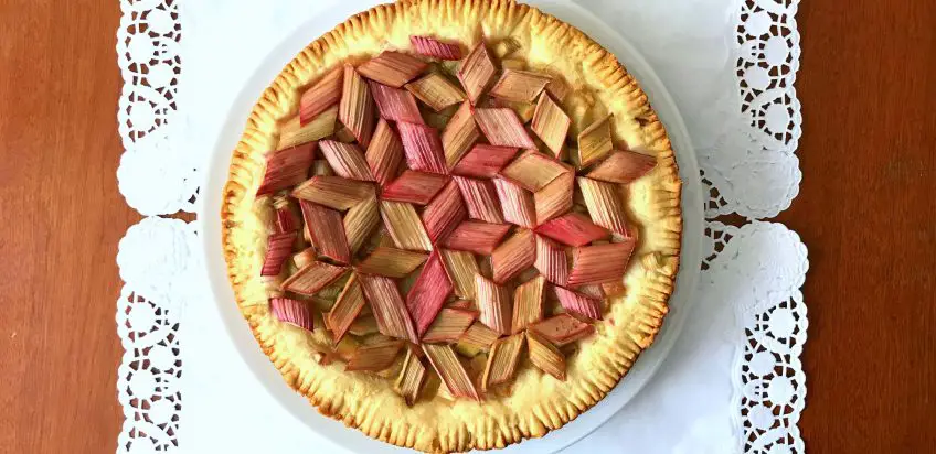 Rhabarberkuchen mit Blumenmuster – einfach, lecker und total schön